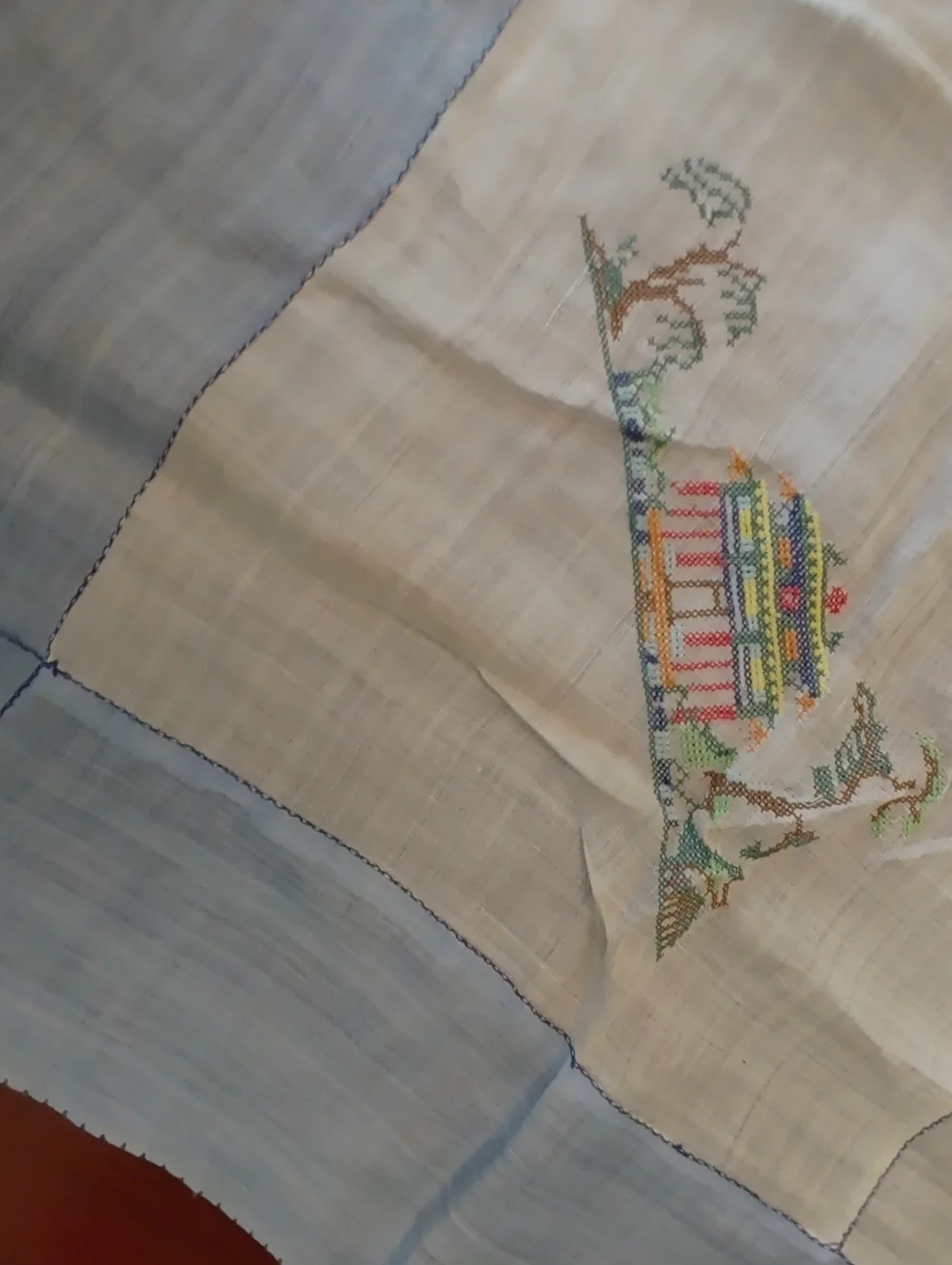 Hand-Embroidered Blue & Cream Tablecloth - Antique Linen 84